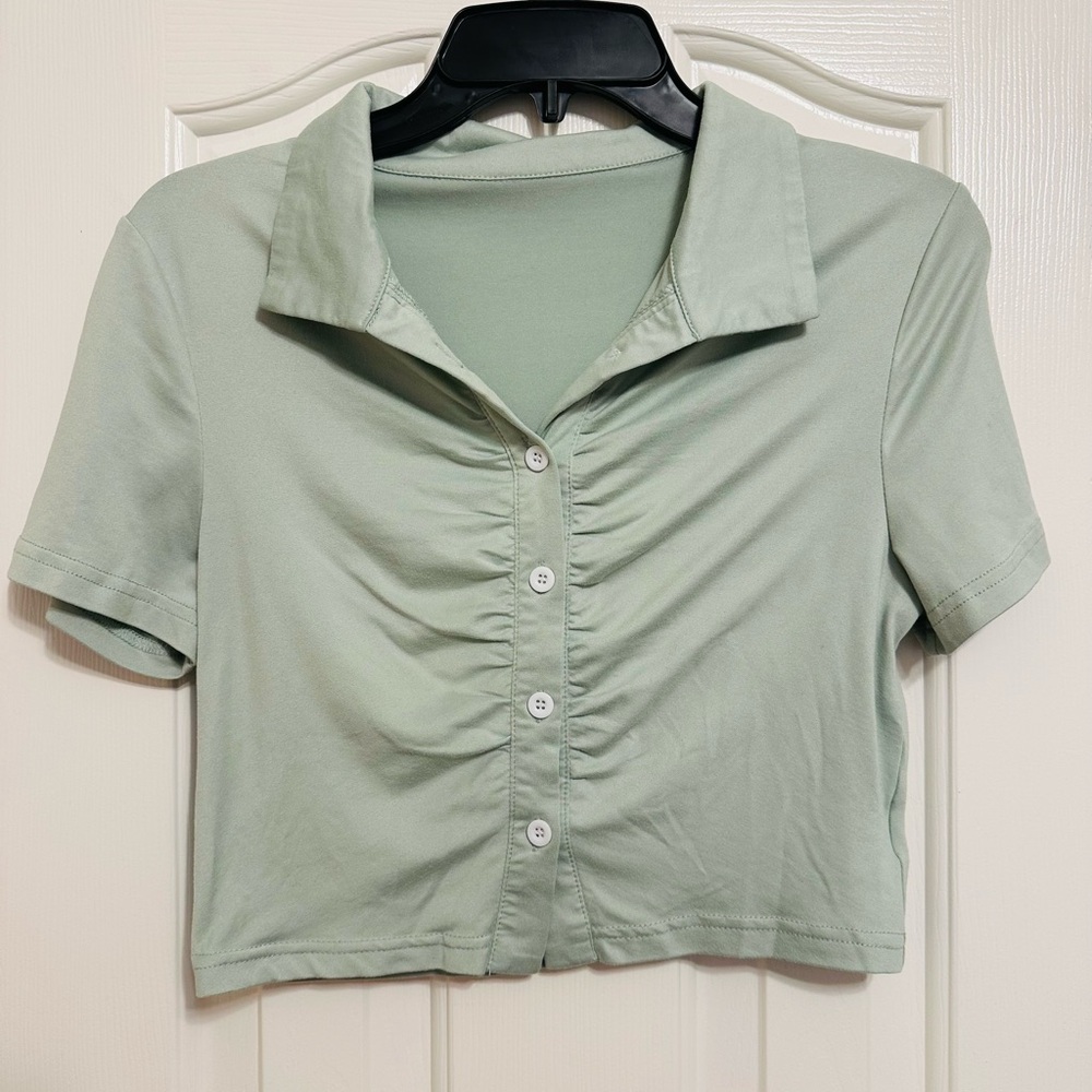 Mint Green Collared Button-Up Women's Top